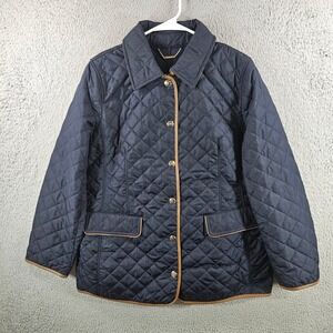 Chicos Quilted Jacket Navy Blue Tan Trim Snap Front Barn Coat Womens Size 2 L